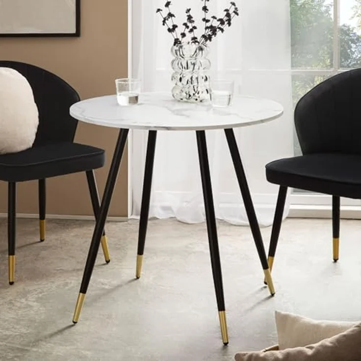 Esstisch Marmor-Optik Weiß 75x75x76cm Metallbeine Modern Rund – Bild 3