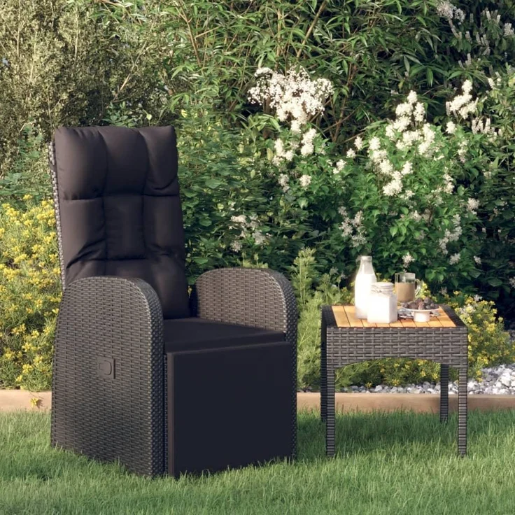 vidaXL Garten-Liegestuhl mit Auflage, Polyrattan, 106 x 69 x 57 cm, Schwarz – Bild 2