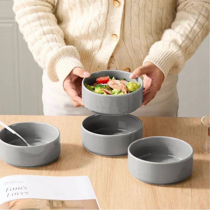JIWOO Salatschüssel 4er Ø13,5cm, Müslischüssel Suppenschüssel Dessertschale Obstschale, Keramik, (Schüsselset, 32-tlg), Bowl Hochwertiges Schüsseln Grau Schüssel Mikrowellenofen Spülmaschine – Bild 3