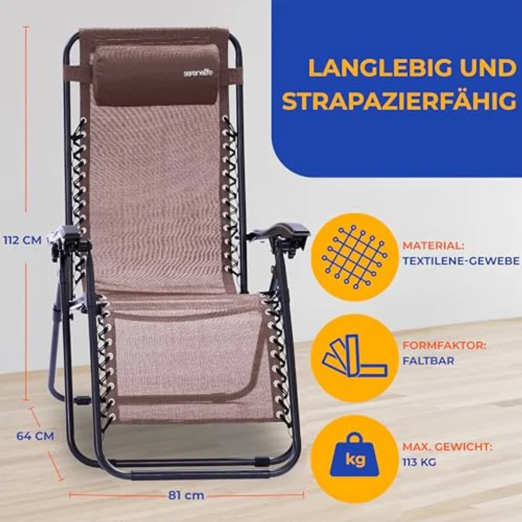 SereneLife 2er- Sonnenliege, Gartenliege, Liegestuhl- Klappbar, Relaxliege Verstellbar mit Seitentisch, Kopfkissen & Getränkehalter, Klappliege Wetterfest, bis 120KG, Ideal für Balkon, Strand & Pool – Bild 4