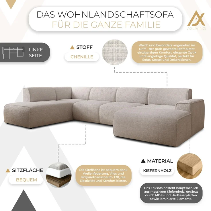 AX LIVING XXL Sofa U Form Didim Creme 378cm breit modern & großzügig L – Bild 5