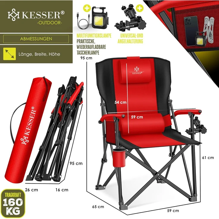 KESSER® Campingstuhl faltbar bis 160 kg, Klappstuhl, Gepolstert mit Armlehnen, Campinglicht und Getränkehalter + Tasche mit hoher Rückenlehne, mit Angelhalterung, Rot / Schwarz, 95 x 65 x 59 cm – Bild 7