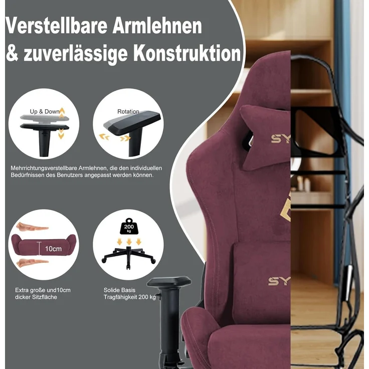 Gaming Stuhl Hochwertiger Stoff Atmungsaktiv Verstellbar Fußstütze Schwarz Rot – Bild 4