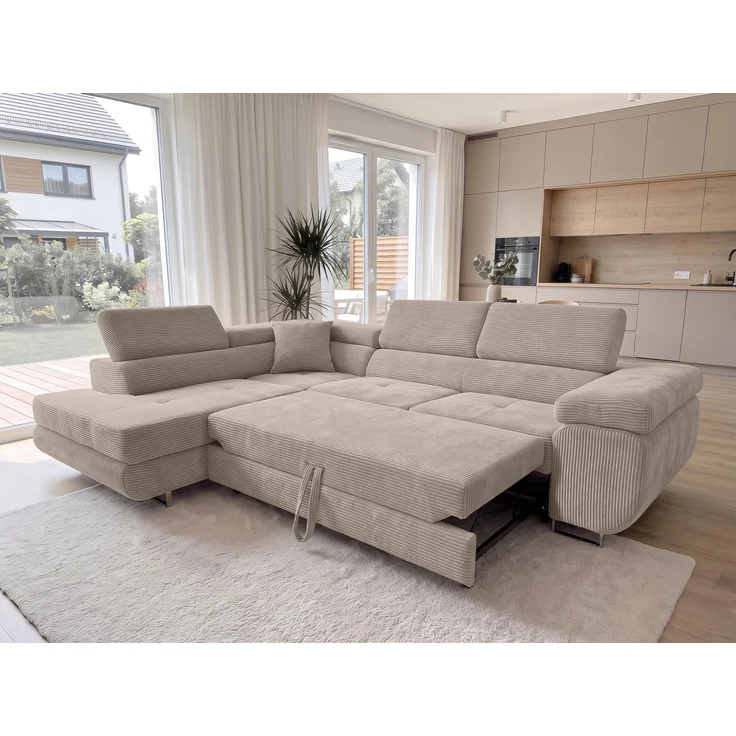 AX LIVING Konak Cord-Schlafsofa L in Beige 276 cm breit, Bettkasten, Kopfstützen – Bild 2
