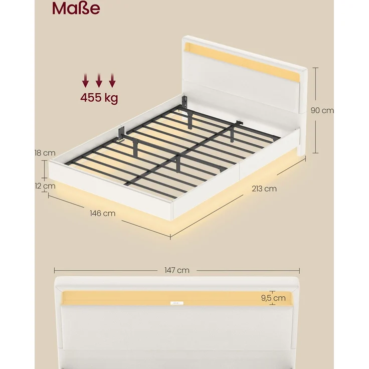 VASAGLE Bettgestell, Doppelbettgestell, 147 x 213 cm, schwebender visueller Effekt, Bett mit LED-Beleuchtung, hohem Kopfteil, Ladestation, modern, wolkenweiß – Bild 9