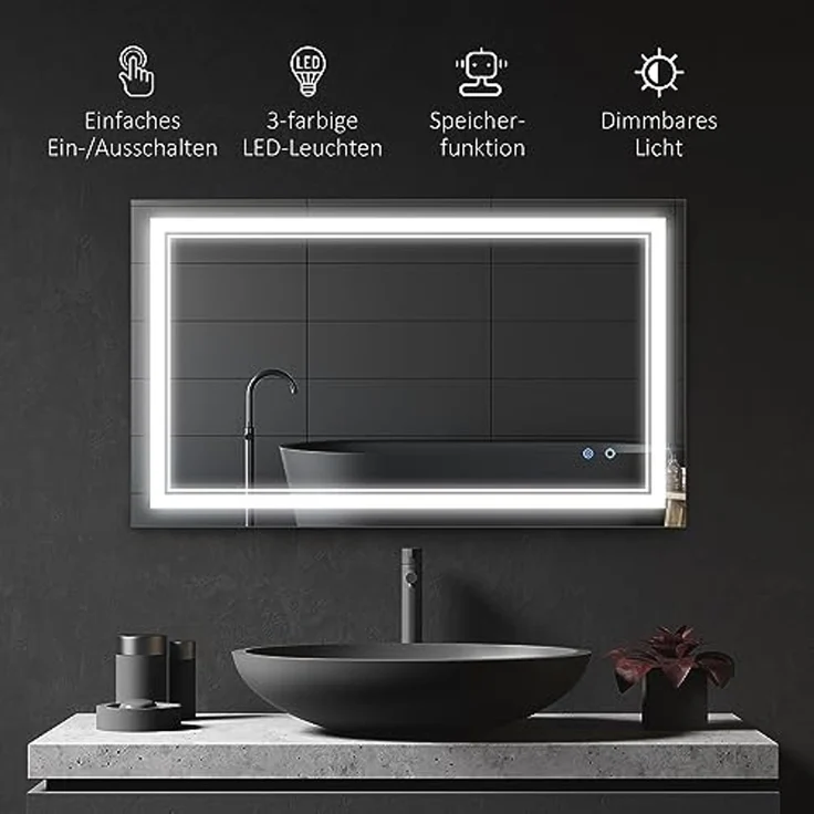 Kleankin Spiegel Badspiegel, Badezimmerspiegel mit LED-Beleuchtung (Wandspiegel mit Touchschalter, 1-St, 3 Lichtfarben, Lichtspiegel IP44), IP44 Wasserdicht, 100 x 60 cm – Bild 3