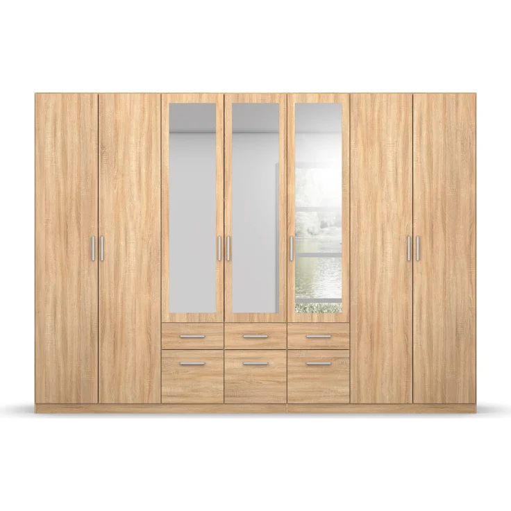 rauch Kleiderschrank, Drehtürenschrank BINGEN, 7-türig, 3 Spiegeltüren teilaufgelegt, 6 Schubkästen, Eiche Sonoma, 315 x 229 x 54 cm – Bild 2