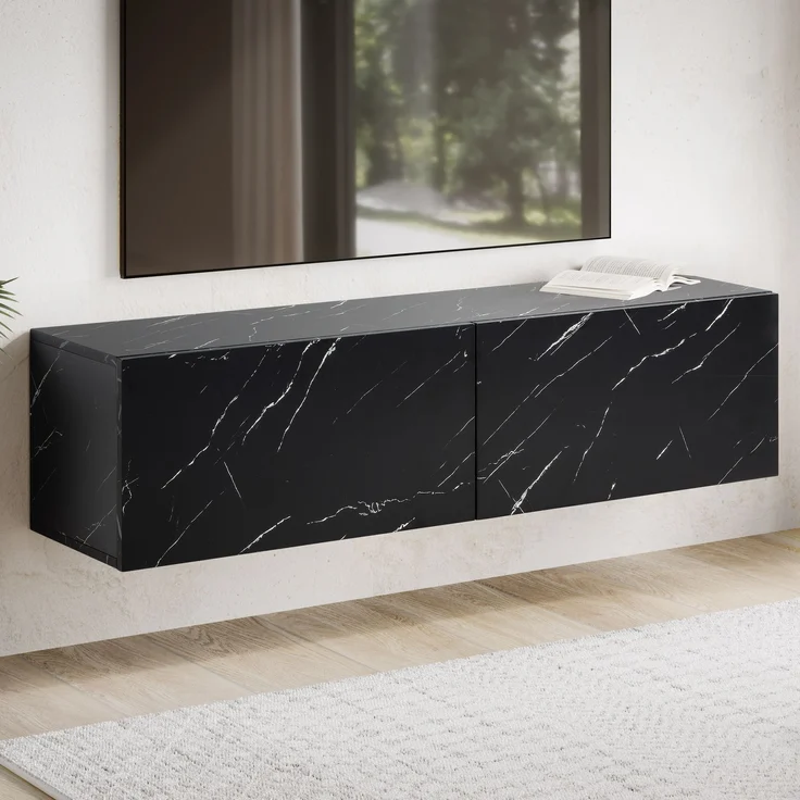 FINEBUY Lowboard FB58626 (Marmor-Optik Schwarz 120x30x30 cm mit zwei Türen), TV-Kommode Hoch, TV-Schrank Modern, Fernsehtisch – Bild 1