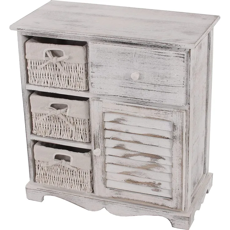 Kommode Schrank mit 3 Körben 63x60x30cm, Shabby-Look, Vintage ~ weiß