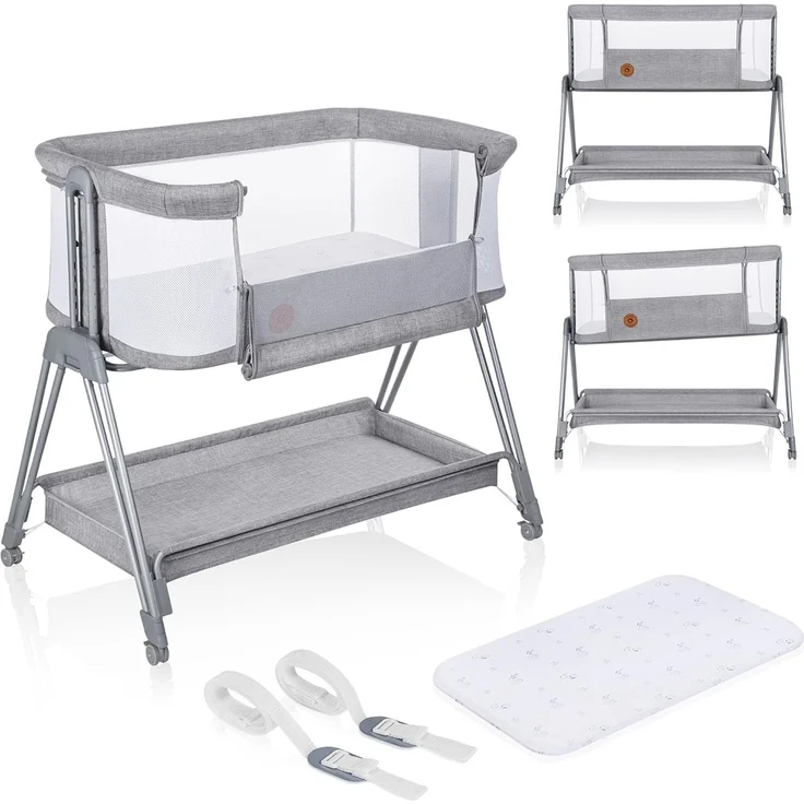lionelo Luna 2-in-1 Nachttisch für Babys von Geburt bis 9 kg, mit Verstellbarer Höhe und Neigung, 4 feststellbare Räder, tragbar, atmungsaktiv, Netzgewebe, waschbare Matratze und Bezugskorb – Bild 1