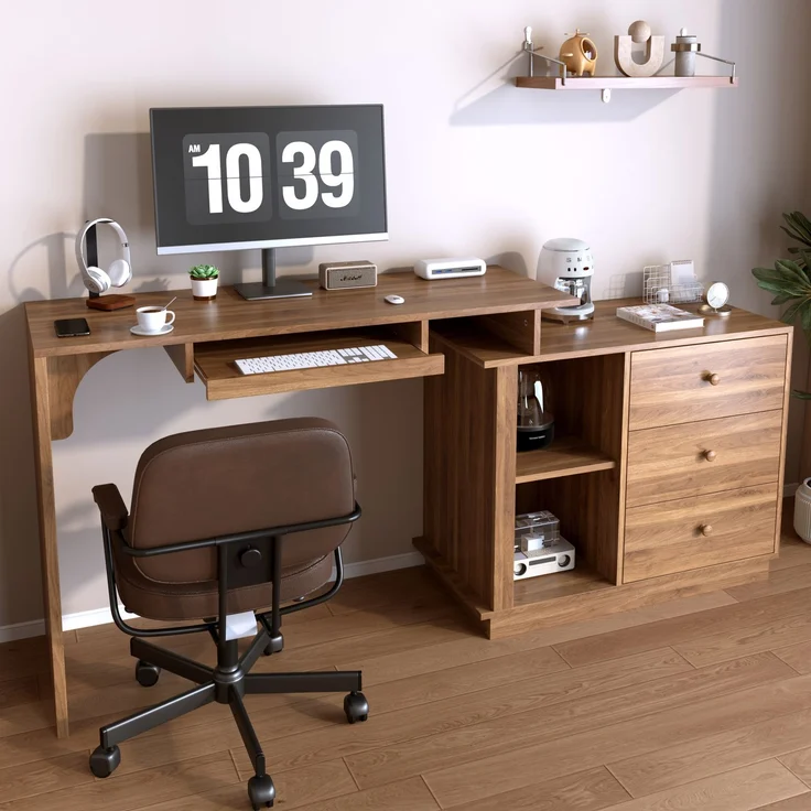 Moderner ausziehbarer Multifunktions-Computertisch mit ausziehbarer Platte, Tastaturauszug, offenen Fächern & Staurschrank mit 3 Schubladen, Schreibtisch für Heimstudium & Heimoffice--Nussbaum--76x40x75.5cm--YOUDENOVA – Bild 1