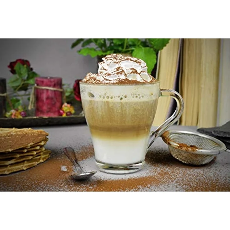 6 Cappuccino-Gläser 250ml mit Henkel und 6 Edelstahl-Löffeln, Kaffee-/ Teegläser – Bild 2