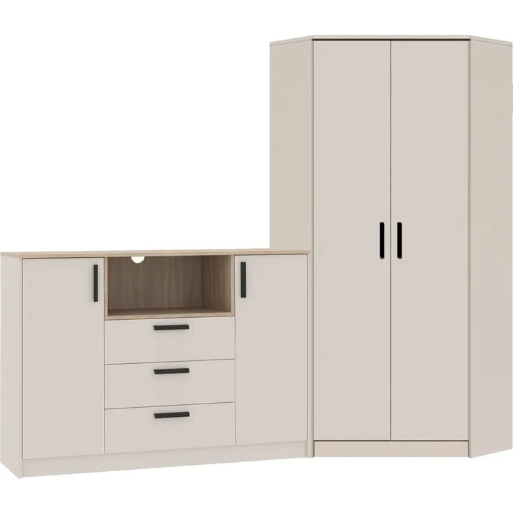 Marmex Möbel Grant Set-39C Eck-Kleiderschrank und Kommode, Schlafzimmer-Set, laminierte Spanplatte, graubeige cashmere+cremona torro 228/91x195x40 cm