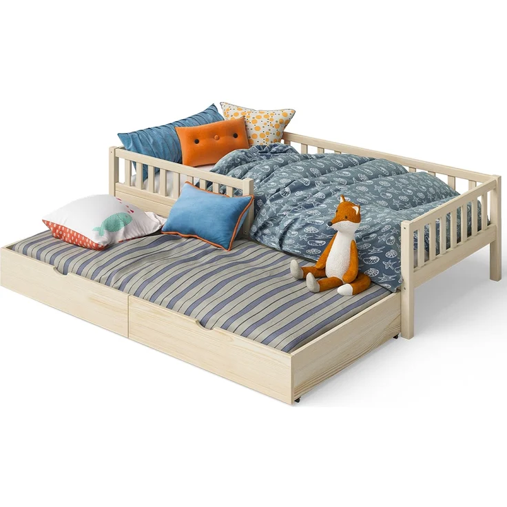 Bellabino 'Vils' Kinderbett 90x200 cm mit Gästebett 90x190 cm, natur, Kiefer Massivholz, Montessori Bett mit Ausziehbett, mit abnehmbarem Rausfallschutz und Lattenrost – Bild 11