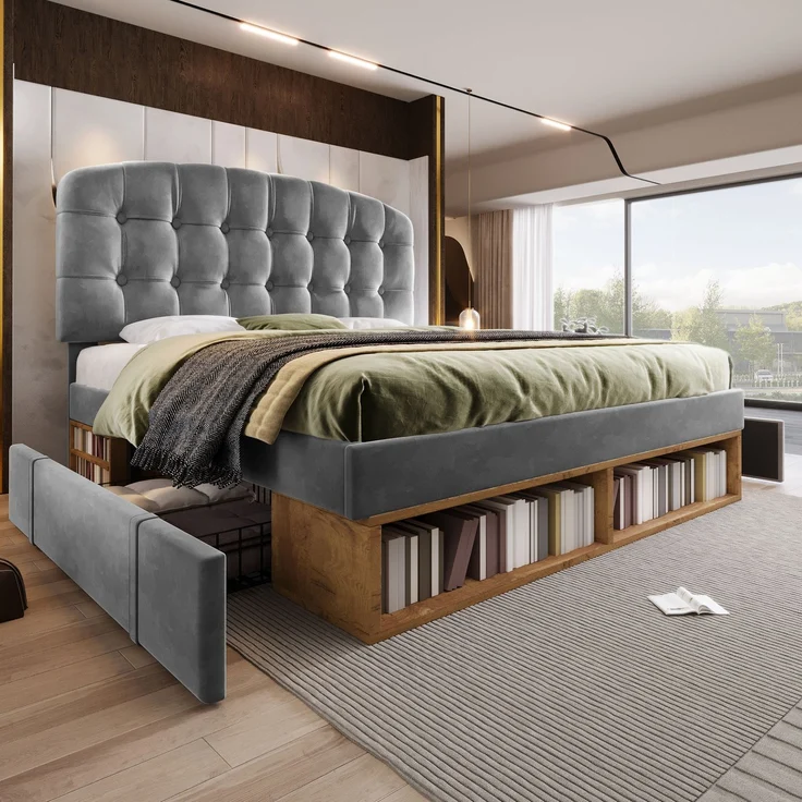 Merax Doppelbett 140x190 cm, Polsterbett mit Lattenrost, Bettgestell mit gebogenem höhenverstellbarem Kopfteil, Bett mit Schubladen und Stauraum, Samt, Grau – Bild 2