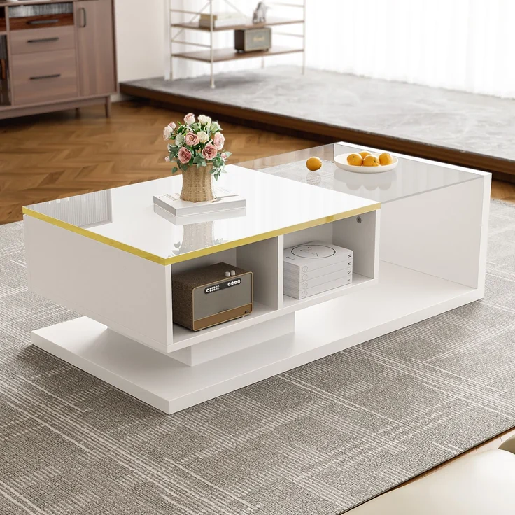Couchtisch 100x50 cm Hochglanz Weiß LED Beleuchtung App Steuerung 16 Farben Glasplatte Wohnzimmer – Bild 5