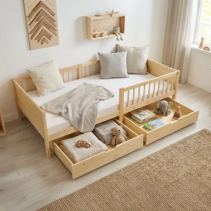 Kinderbett 90x200 cm mit 2 Bettkästen Rausfallschutz Holzbett Natur Einzelbett Gitterbett Massiv Holzbettrahmen – Bild 2