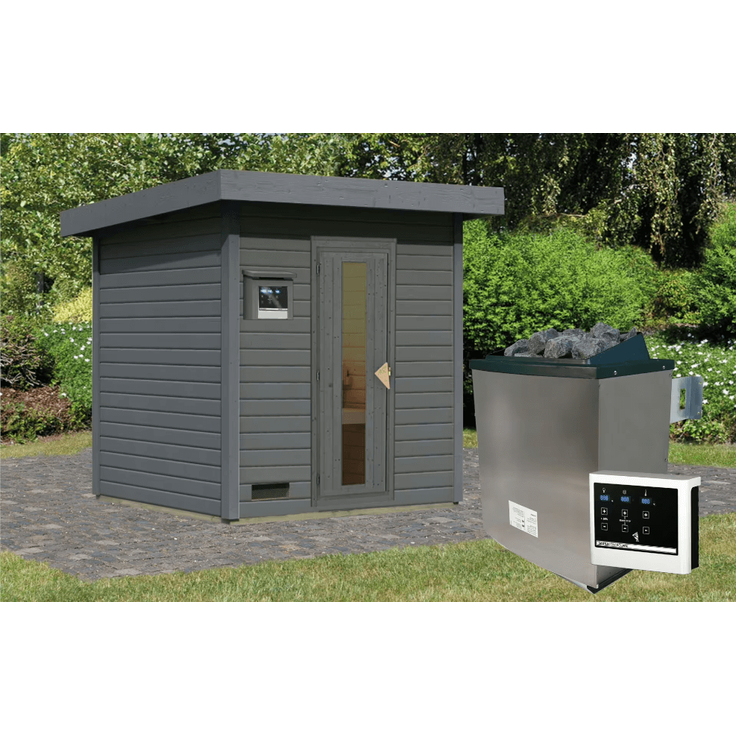 Karibu Sauna Hytti 2 terragrau mit 9 kW Ofen mit externer Steuerung
