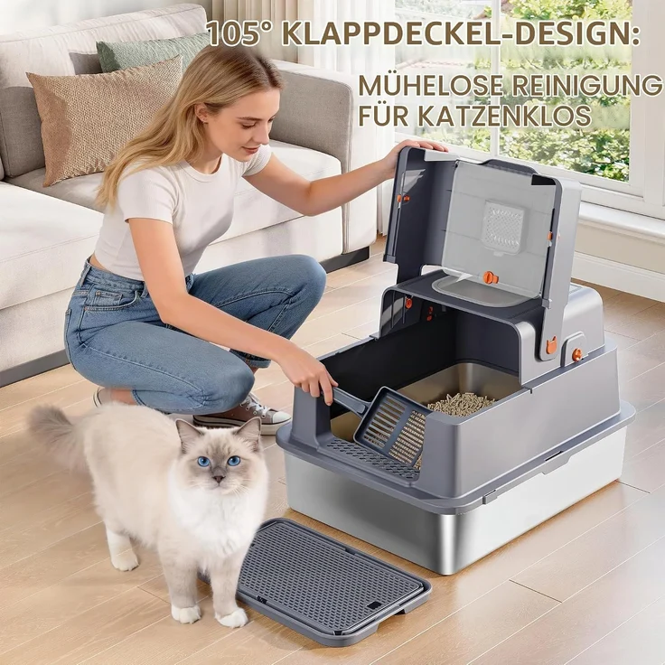Edelstahl Katzenklo mit Deckel XXXL, 70 x 50 x 42cm, Dunkelgrau, Geschlossene Metall Katzentoilette, 105° Klappdeckel, Inklusive Pedal und Schaufel, Leicht zu Reinigen, Zwei Türen – Bild 2