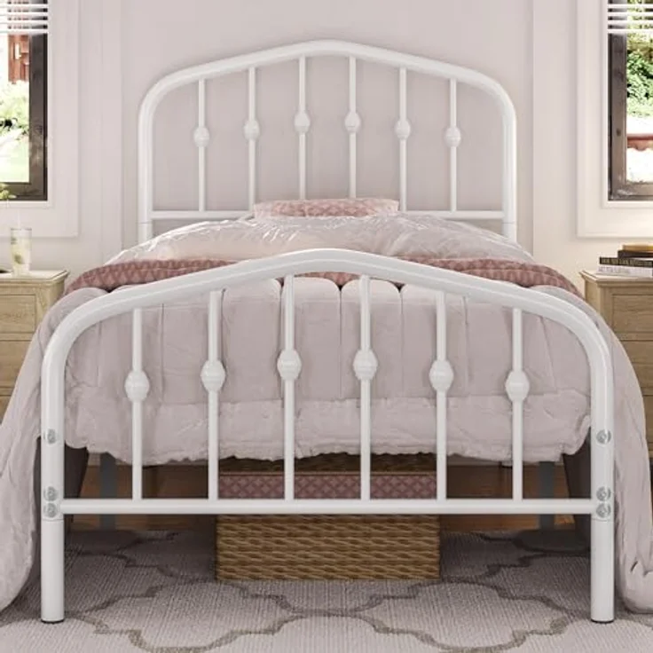 Yaheetech Bettrahmen 90 x 200 cm, Vintage Metallbett mit kronenförmigem Kopfteil, Stabiles Bettgestell Einzelbett aus Metall, Robust & Leichte Montage Gästebett Jugendbett Tagesbett, Weiß – Bild 2