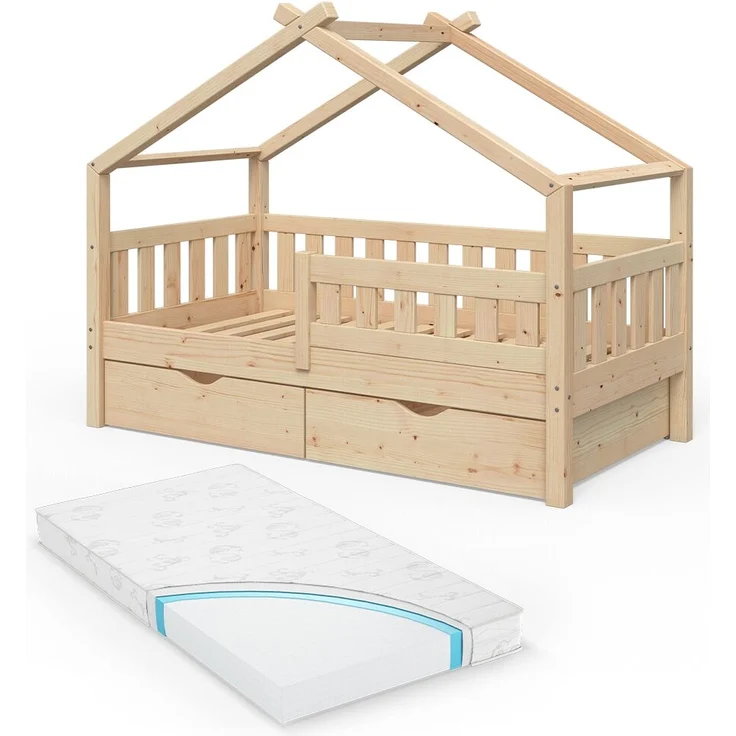 Hausbett Design Naturholz 80x160 cm mit 2 Schubladen und Matratze Vitalispa – Bild 1