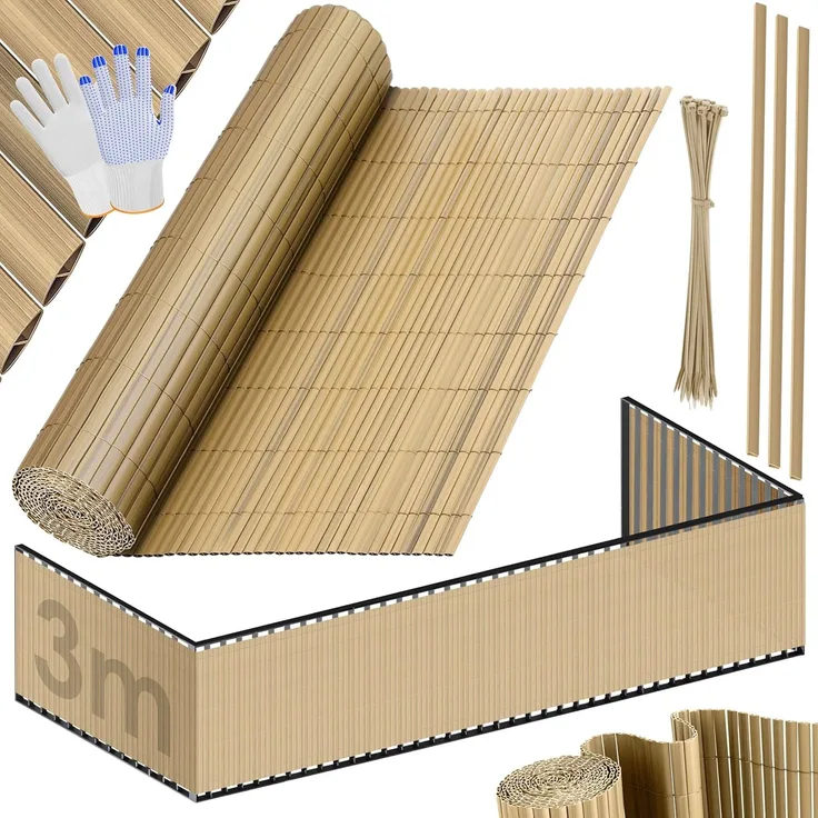 KESSER® PVC Sichtschutzmatte Sichtschutzzaun Balkonverkleidung Windschutz verstärkte Lamellen für Garten Balkon & Terrasse Balkonumrandung inkl Kabelbindern, Abdeckung & Handschuhe 100 x 300 cm, Bambus