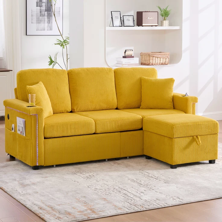 Sofa, Hochwertiges Samtsofa mit LED-Beleuchtung USB-C-Port inklusive Stauraum-Fußteil praktischen Getränkehaltern und Seitentaschen Premium Qualität für Wohnzimmer Schlafzimmer oder Büro, Samt, Senfgelb, – Bild 5