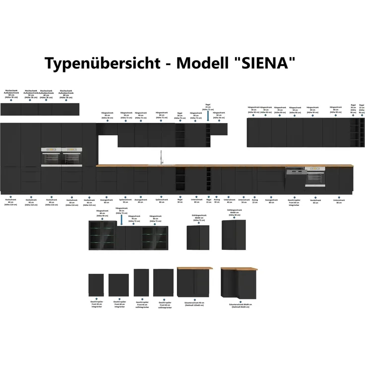Hängeschrank Regal 30 cm Schwarz matt Küchenzeile Küche SIENA / MONZA / ARONA
