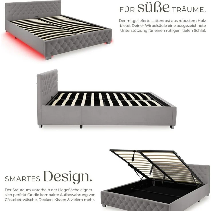 tectake Polsterbett Komfortbett mit LED-Leisten & Stauraum - Samtoptik mit Steppmuster (Bettset, in Dunkelgrau), stabiler Stahlrahmen, Belastbarkeit 300 kg – Bild 2