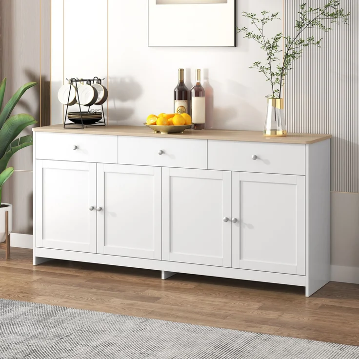 DESVIAE Sideboard mit 3 Schubladen und 4 Türen 160x75x37 cm MDF Weiß/Holzfarbe – Bild 6