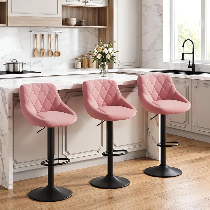 WOLTU Barhocker 3er Set, Barstuhl Höhenverstellbar, Samtsitz, Rosa | Drehbarer Bar Stool mit Rückenlehne und Fußstütze, rutschfeste Metallfüße, für Küche und Hausbar