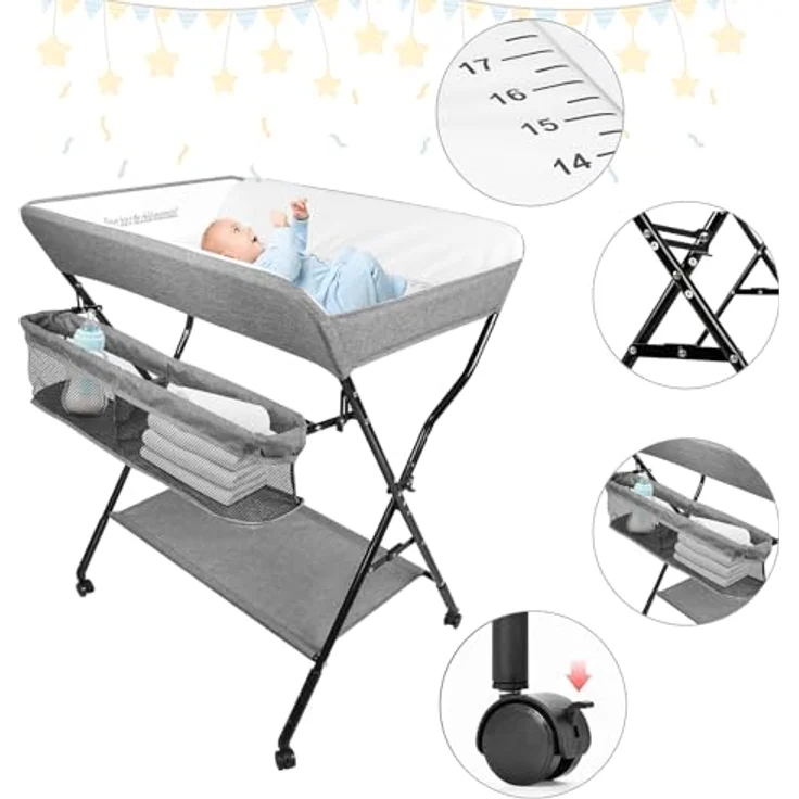 Wickeltisch Faltbar und Tragbar 3 in 1, max. Belastung 25 kg für neue, Wickeltisch mit Aufbewahrungskorb, Sicherheitsgurt und 4 Rollen mit Bremse, höhenverstellbar, 86 * 62 * 96 cm-grau – Bild 6