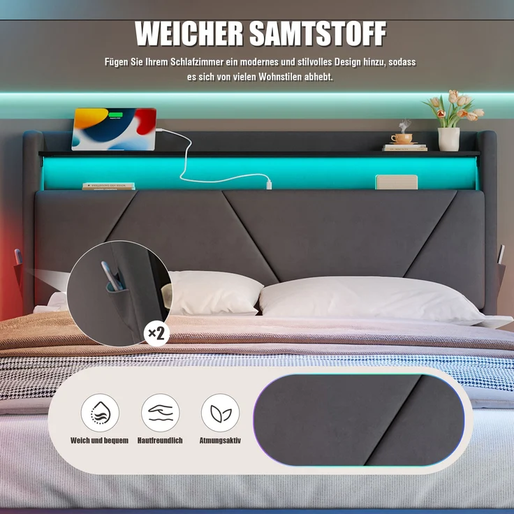 LVHOM Polsterbett 140x200cm mit LED&USB, Doppelbett mit Bettkasten, Jugendbett mit Kopfteil, Stauraumbett mit Lattenrost, Boxspringbett Dunkelgrau – Bild 3