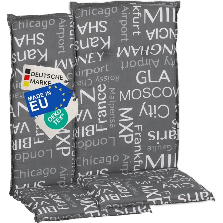 NYVI Hochlehnerauflage Hochlehner Auflagen 2er Set Barcelona - Gartenstuhlauflagen 118x50cm, (2 St), Stuhlauflage, Sitzauflage mit Halteband, UV-fest, Schrift