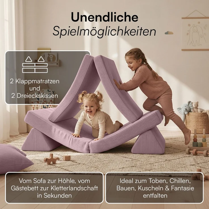 Bellabino 'Nile' Spielsofa, 4-tlg, Cord, pink, faltbare Kindercouch, abnehmbarer & waschbarer Bezug, Kindersofa aus Schaumstoff – Bild 3