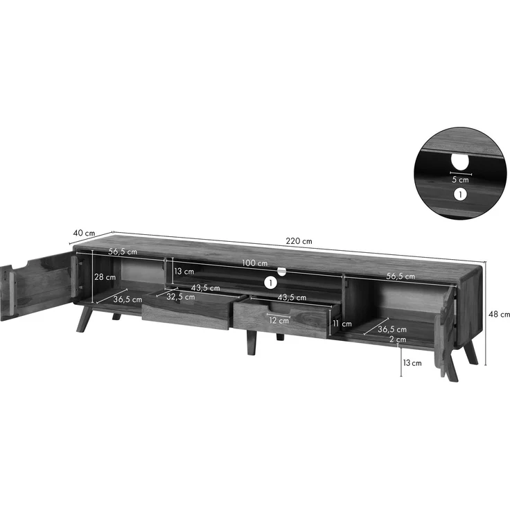 TV-Board Sheesham 220x40x48 natur sandgestrahlt lackiert MALMÖ 2 #223 – Bild 6