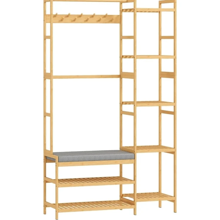 Garderobenständer 104 x 33 x 175 cm aus Bambus mit Schuhregal, Sitzbank und 10 Haken – Bild 4