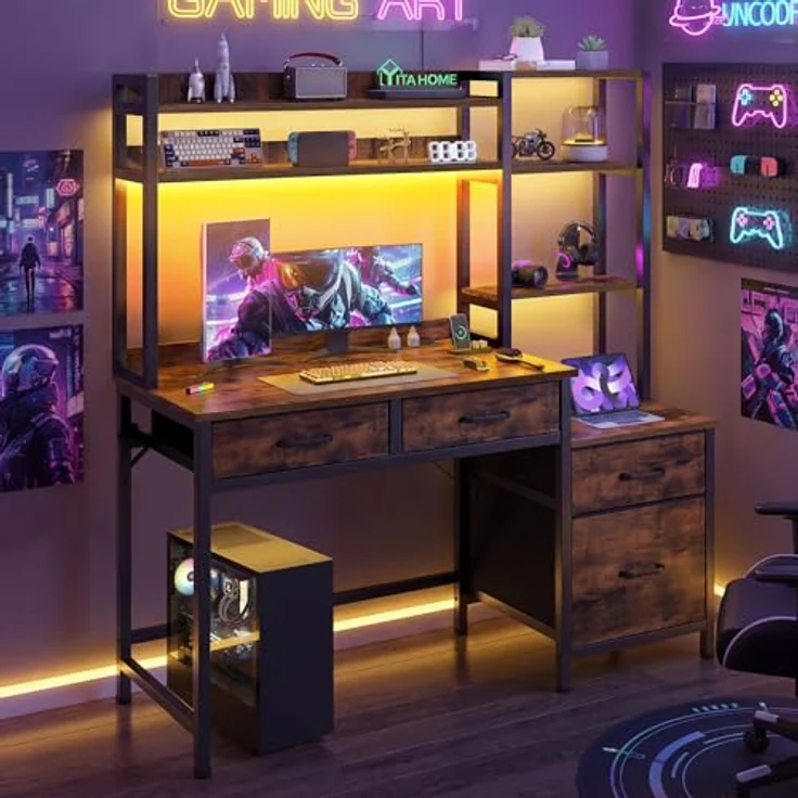 YITAHOME Computer Schreibtisch mit Schubladen, Home Office Ecke Computer Tisch Aufbewahrungen & Regale, Gaming Schreibtisch Arbeitsstationen mit LED Licht & Steckdosen, Eck Schreibtisch, Vintage-Braun – Bild 4
