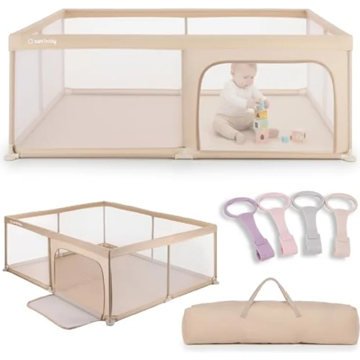 sun baby Laufstall mit rosa Griffen 150x200 cm 0-2 Jahre Beige, Polyester, Netzwände, Eingang mit Reißverschluss, rutschfeste Füße, Tragetasche im Set, Metallrahmen – Bild 10