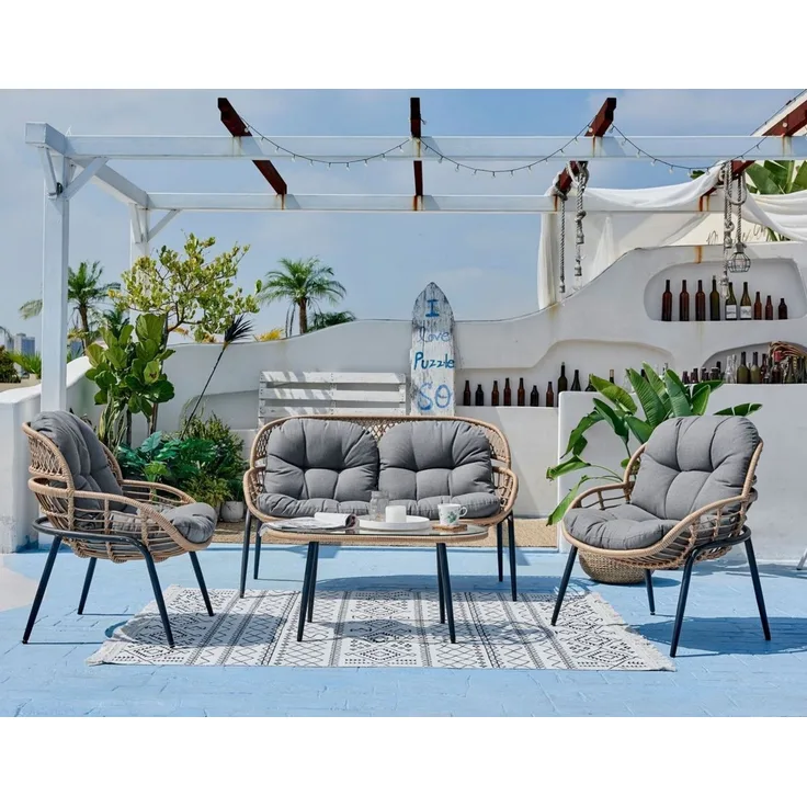 Happy Home Gartenstuhl 8-tlg. Lounge-Set aus hellem Rattan mit Sitzkissen - Grau