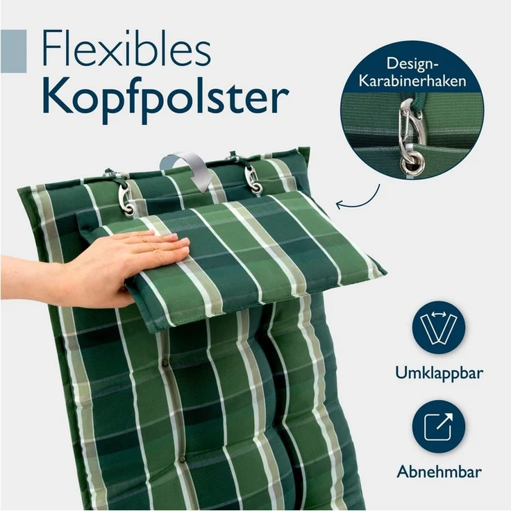 Beautissu Hochlehnerauflage Premium Hochlehner Auflage Kopfpolster Sun Sun-HL, 120x50cm, Grün, Mit Kopfpolster, rutschfest & robust – Befestigungsbänder, UV 5 – Bild 4
