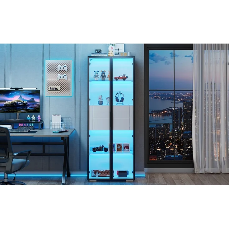 60*40*160cm Schrank,Vitrine Schranktür aus gehärtetem Glas,Vitrine Lagerschrank mit LED,2Glasboden,2Schubladen,Highboard,Wohnzimmerschrank,Aufbewahrungsschrank,Hochschrank,Sofaschrank,Weiß--Weiß + Schwarz--60x40x160cm--YOUDENOVA – Bild 7