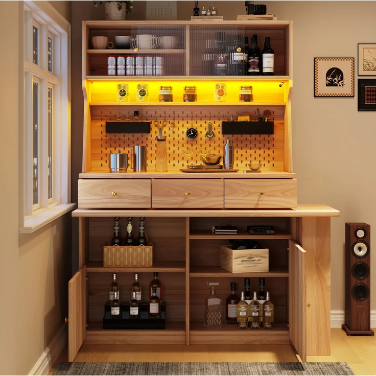 Hochschrank mit Schreibtisch, MDF & Glas, LED per App, 137x74x177,7 cm, Natural – Bild 6