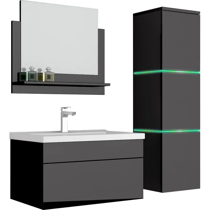 4 teiliges Waschplatz Badmöbel Komplettset inkl. LED Beleuchtung hochglanz Schwarz