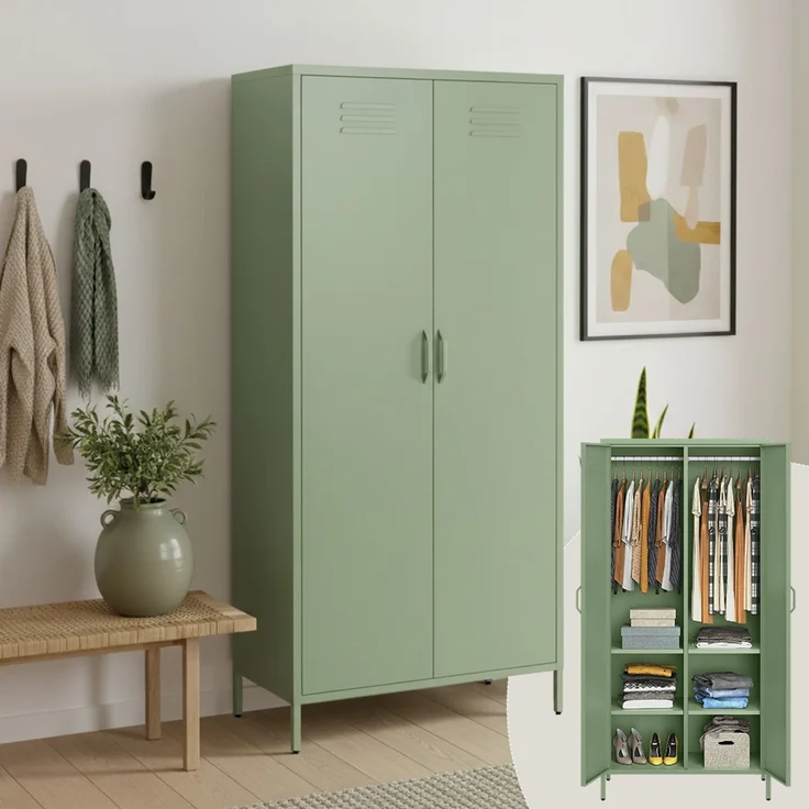 skølm 'Atria' Kleiderschrank, Metall, 170x45x80 cm, grün, Garderobe mit 4 Fächern und 2 Kleiderstangen – Bild 1