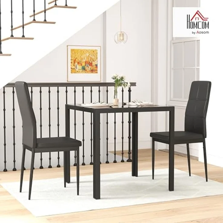 HOMCOM Essgruppe mit Glas-Tischplatte, (Esstisch mit 2 Stühlen, 3-tlg, platzsparend Esszimmergruppe), für Esszimmer, Küche Schwarz – Bild 2