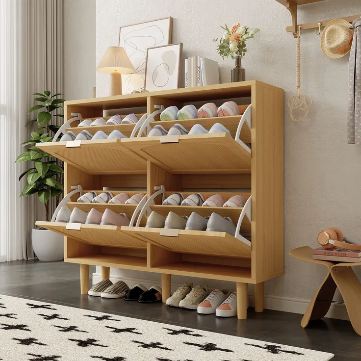 Merax Schuhschrank, Schuhkommode, mit 4 Klappschubladen, Schuhkommode aus Rattan mit Metallgriffen, Schuhregal, Oak