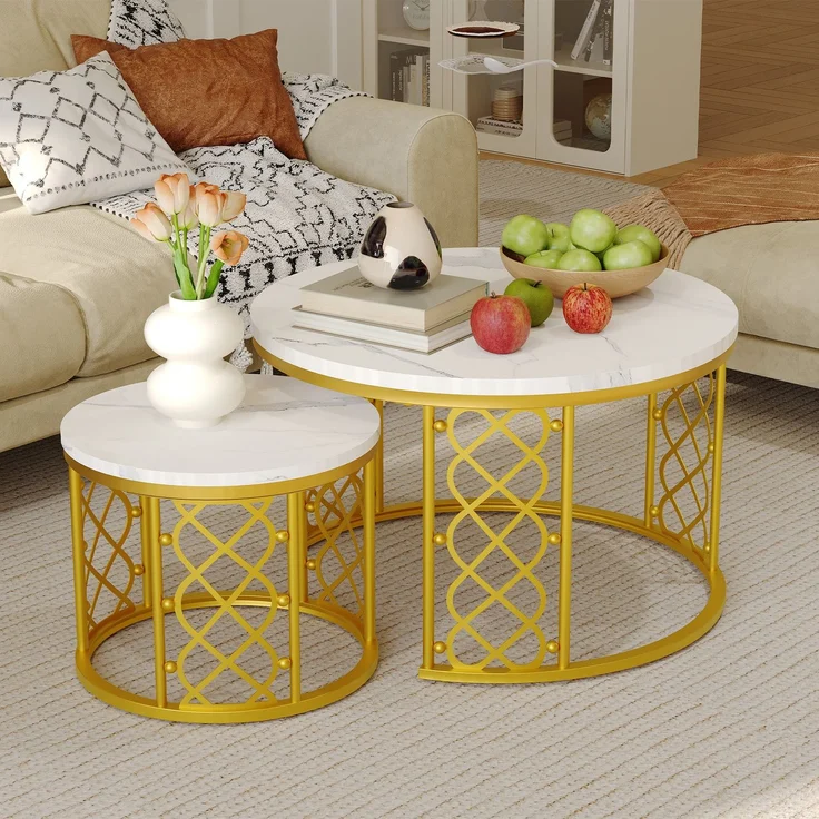 2er-Set Couchtisch aus MDF mit Marmoroptik & goldfarbenem Metallgestell, nestbar, 70x70x45 cm + 45x45x37 cm – Bild 1