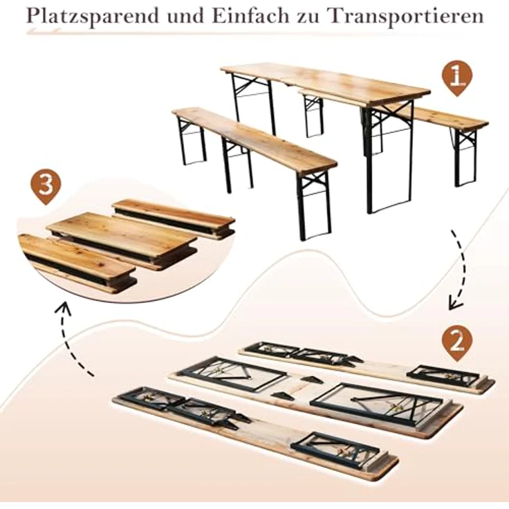 Ball & Cast Bierzeltgarnitur 3-teilig, Biertisch Klapptisch mit 2 Sitzbänken, Camping Tisch faltbar, Wetterfester Kiefer Massiv, Natur, 220 cm – Bild 5