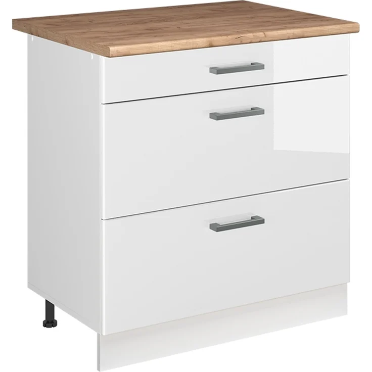 Küchenunterschrank R-Line Weiß Hochglanz/Weiß 80 cm mit 3 Schubladen Arbeitsplatte Goldkraft Eiche Vicco – Bild 1